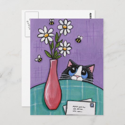3匹の蜂、3つの花、2つの手紙-猫の郵便はがき ポストカード (正面/裏面)
