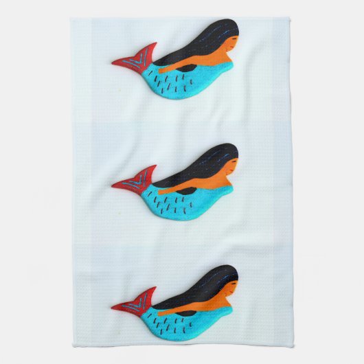 3匹の青い人魚の台所タオル キッチンタオル (縦)