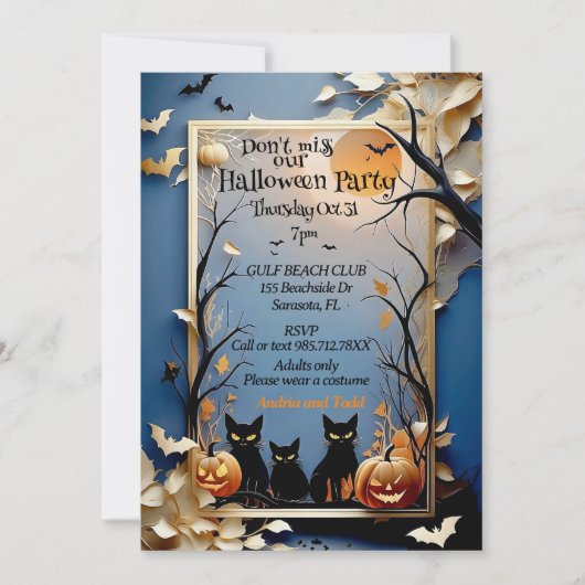 3匹の黒猫がハロウィンをお洒落不気味に 招待状 (正面)