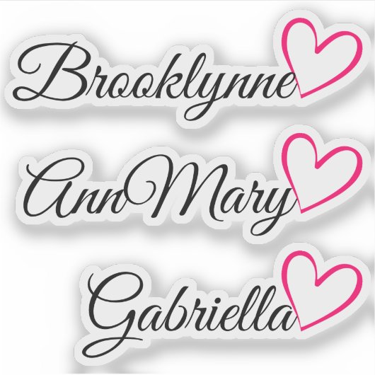 3名パーソナライズされた文字ピンク書道ハート シール (正面)