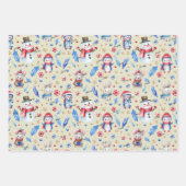 3名,ペンギンネズミラビットブルーレッドホリデー ラッピングペーパーシート (正面)