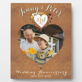 3周年レザーイメージ結婚記念日写真ハート フォトプラーク