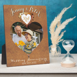 3周年レザーイメージ結婚記念日写真ハート フォトプラーク
