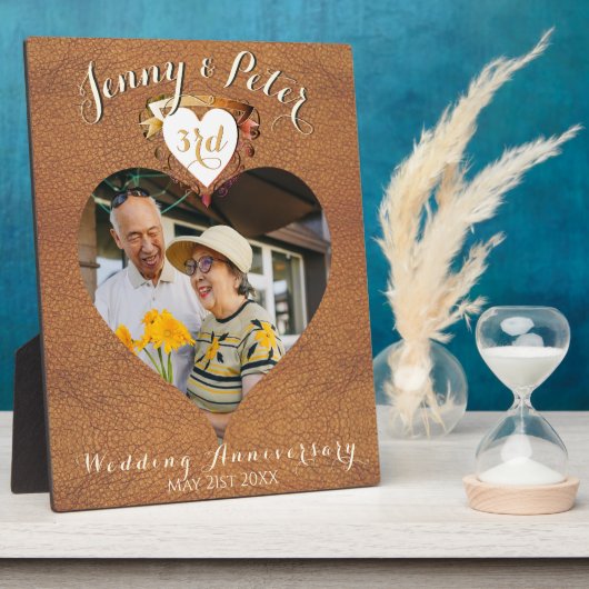 3周年レザーイメージ結婚記念日写真ハート フォトプラーク (側面)