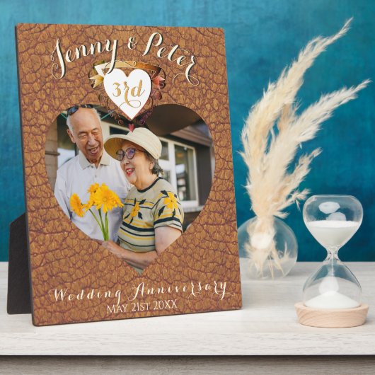 3周年レザー結婚記念日写真ハート フォトプラーク (側面)