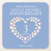 3周年結婚ハートラカスタムイトブルー スクエアペーパーコースター (正面)