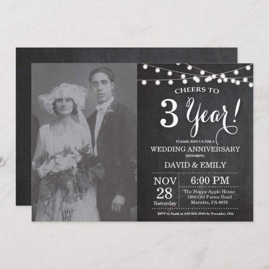 3周年結婚記念日のチョークボード写真 招待状 (正面/裏面)