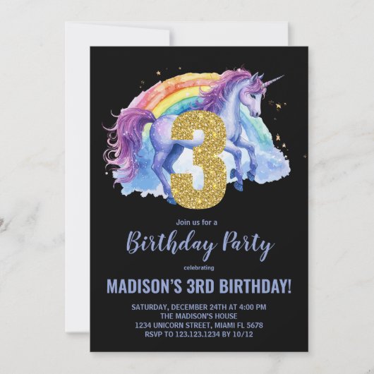 3周年虹色ユニコーン誕生日招待状 招待状 (正面)