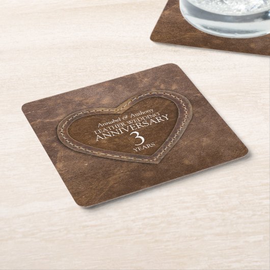 3周年記念結婚革ハートブラウン スクエアペーパーコースター (アングル)