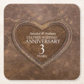 3周年記念結婚革ハートブラウン スクエアペーパーコースター (正面)