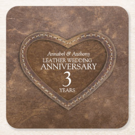 3周年記念結婚革ハートブラウン スクエアペーパーコースター