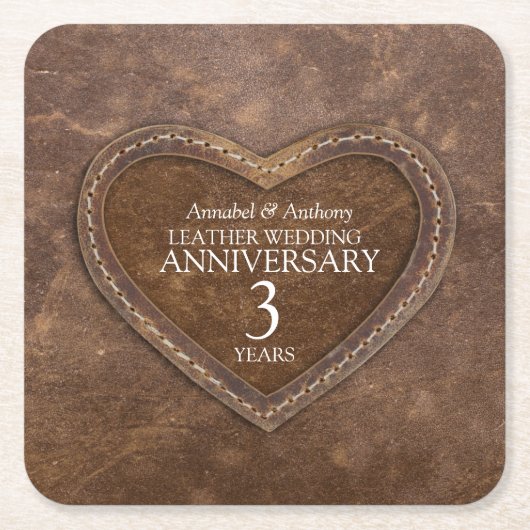 3周年記念結婚革ハートブラウン スクエアペーパーコースター (正面)