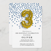 3回目のバースデー王室のタブルー紙吹雪と金ゴールドバルーン 招待状 (正面/裏面)