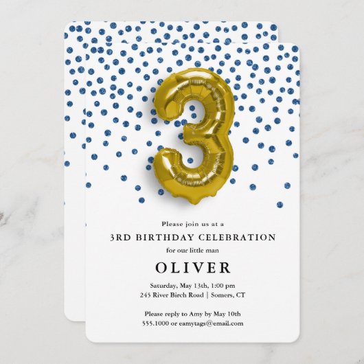 3回目のバースデー王室のタブルー紙吹雪と金ゴールドバルーン 招待状 (正面/裏面)