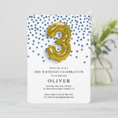 3回目のバースデー王室のタブルー紙吹雪と金ゴールドバルーン 招待状 (スタンド正面)