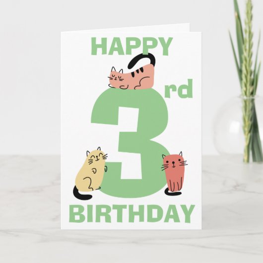 3回目の誕生日おめでとうらくがき猫カスタムメッセージ カード (正面)