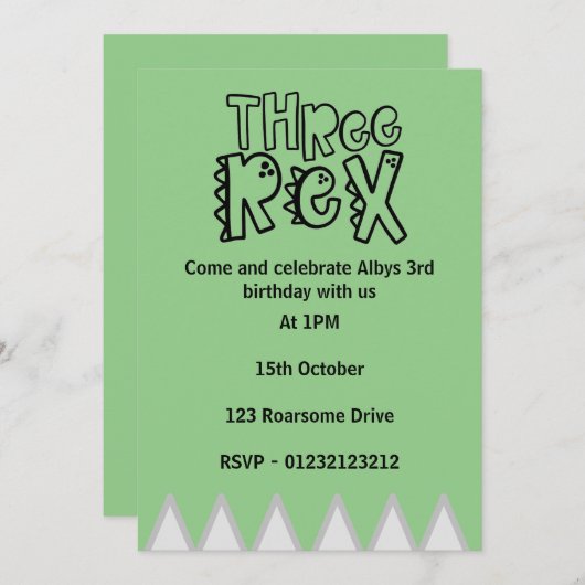 3回目の誕生日の招待 – threerex恐竜招待状 招待状 (正面/裏面)