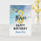 3回目の誕生日を迎える水彩(青と金ゴールド) カード (黄色い花)