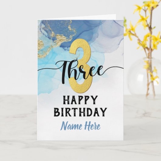 3回目の誕生日を迎える水彩(青と金ゴールド) カード (黄色い花)