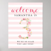 3回目の誕生日ウェルカムサインピンクウォーターカラー花模様 ポスター (正面)