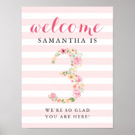 3回目の誕生日ウェルカムサインピンクウォーターカラー花模様 ポスター