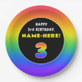 3回目の誕生日カラフル:虹3、名前をカスタムする ペーパープレート (正面)