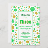 3回目の誕生日グリーンと金ゴールドスポットと星パーティー 招待状 (正面)