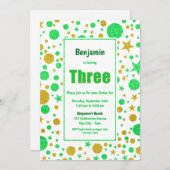 3回目の誕生日グリーンと金ゴールドスポットと星パーティー 招待状 (正面/裏面)