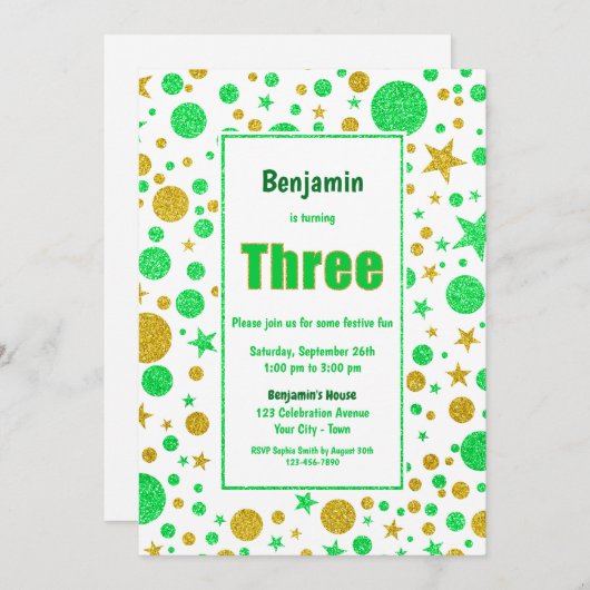 3回目の誕生日グリーンと金ゴールドスポットと星パーティー 招待状 (正面/裏面)