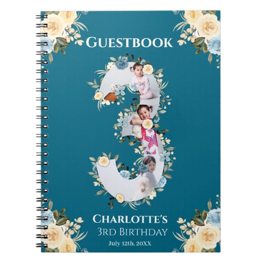 3回目の誕生日ティール（緑がかった色）フォトイエローフラワーゲストハウス ノートブック (正面)