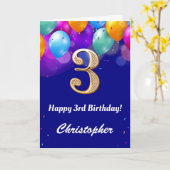 3回目の誕生日ネイビーブルーと金ゴールドバルーンカラフル カード (黄色い花)