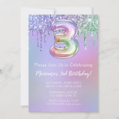 3回目の誕生日パーティの招待状パープルピンクグリッター 招待状 (正面)