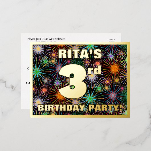 3回目の誕生日パーティーはっきりした:, カラフル Fireworks Look 箔招待状ポストカード (正面/裏面)