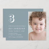 3回目の誕生日パーティーほこりっぽい青い写真 招待状 (正面/裏面)