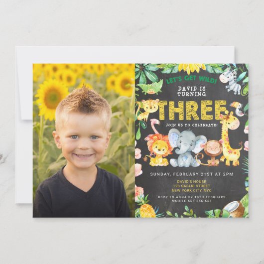 3回目の誕生日パーティーサファリジャングル動物の少年の写真 招待状 (正面)