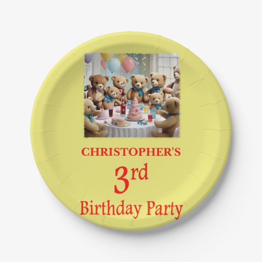 3回目の誕生日パーティーテディベアズパーティー ペーパープレート (正面)