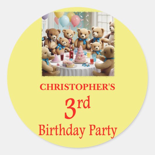 3回目の誕生日パーティーテディベアズパーティー ラウンドシール (正面)