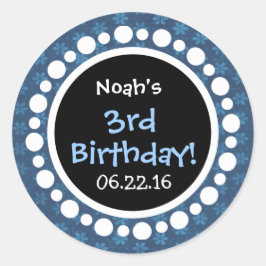 3回目の誕生日パーティーブルーの花と水玉模様 ラウンドシール