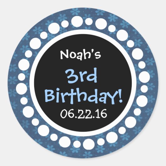 3回目の誕生日パーティーブルーの花と水玉模様 ラウンドシール (正面)