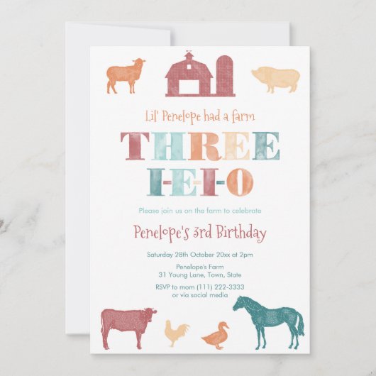 3回目の誕生日パーティー男女兼用3IEIOファーム 招待状 (正面)