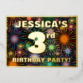 3回目の誕生日パーティー—おもしろいカラフル、Fireworks Look 箔招待状 (正面)