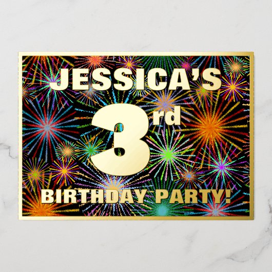 3回目の誕生日パーティー—おもしろいカラフル、Fireworks Look 箔招待状 (正面)