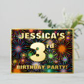 3回目の誕生日パーティー—おもしろいカラフル、Fireworks Look 箔招待状 (立ち正面)