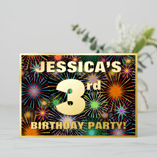 3回目の誕生日パーティー—おもしろいカラフル、Fireworks Look 箔招待状 (立ち正面)