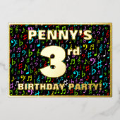 3回目の誕生日パーティー—おもしろい、カラフル音楽シンボル 箔招待状 (正面)