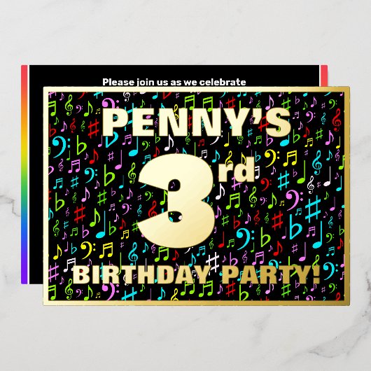 3回目の誕生日パーティー—おもしろい、カラフル音楽シンボル 箔招待状 (正面/裏面)