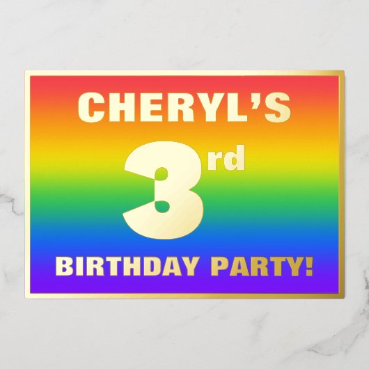 3回目の誕生日パーティー:おもしろい、レインボーカラフルパターン 箔招待状 (正面)