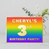 3回目の誕生日パーティー:おもしろい、レインボーカラフルパターン 箔招待状 (立ち正面)