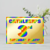 3回目の誕生日パーティー—おもしろい、Rainbow Spectrum「3」 箔招待状 (立ち正面)
