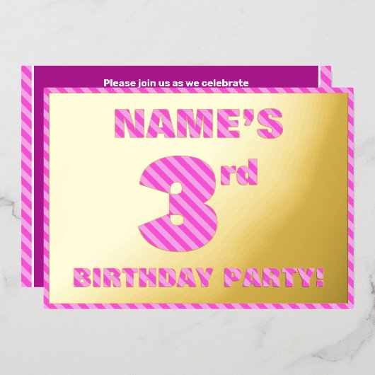 3回目の誕生日パーティー—はっきりした、おもしろい、ピンクストライプ色の数は3 箔招待状 (正面/裏面)